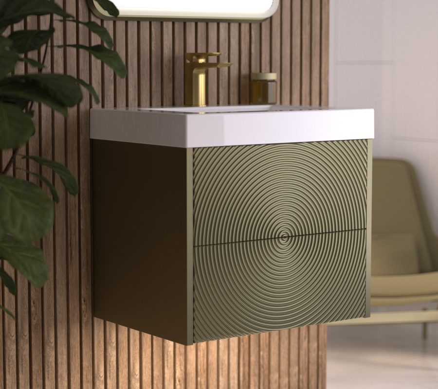 Utopia HeyU Ripple bathroom furniture in Iridescent Bronze at Burge and Gunson showroom Colliers Wood