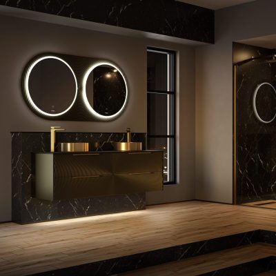 Utopia HeyU Ripple bathroom furniture in Iridescent Bronze at Burge and Gunson showroom Colliers Wood